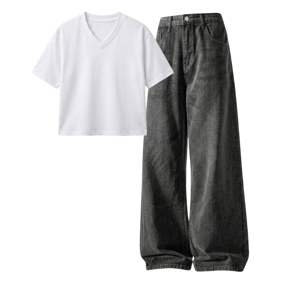 Acid Ash Wide-Leg Baggy Jeans With Crop V-Neck T-Shirt