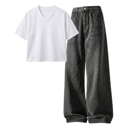Acid Ash Wide-Leg Baggy Jeans With Crop V-Neck T-Shirt