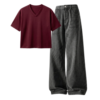 Acid Ash Wide-Leg Baggy Jeans With Crop V-Neck T-Shirt