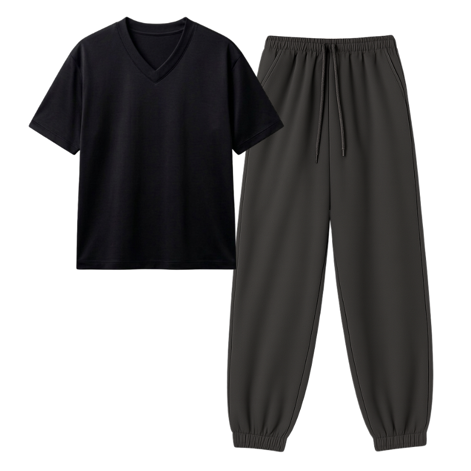 Charcoalgrey Sweatpant With V-Neck T-Shirt