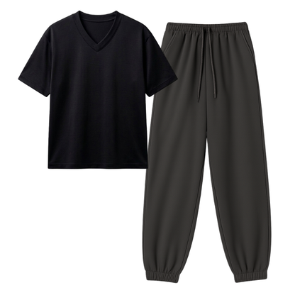 Charcoalgrey Sweatpant With V-Neck T-Shirt