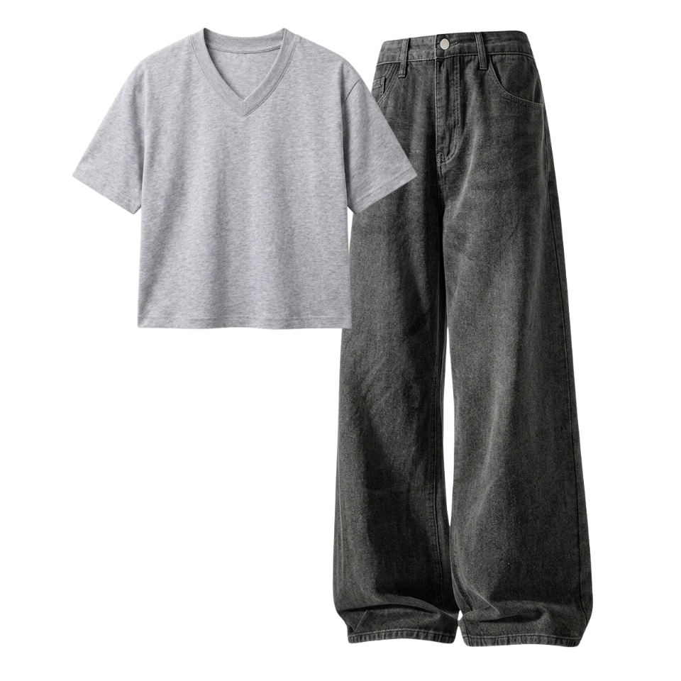 Acid Ash Wide-Leg Baggy Jeans With Crop V-Neck T-Shirt