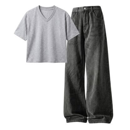 Acid Ash Wide-Leg Baggy Jeans With Crop V-Neck T-Shirt