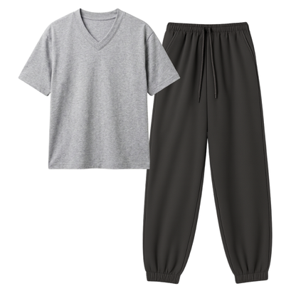 Charcoalgrey Sweatpant With V-Neck T-Shirt