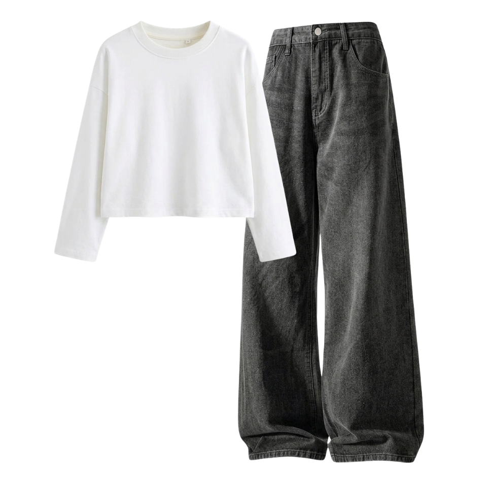 Acid Ash Wide-Leg Baggy Jeans With Crop Full Sleeves T-Shirt