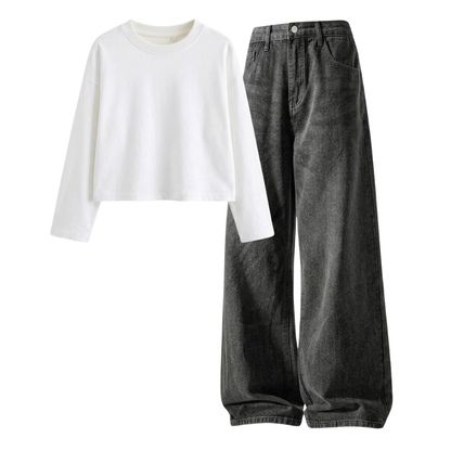 Acid Ash Wide-Leg Baggy Jeans With Crop Full Sleeves T-Shirt