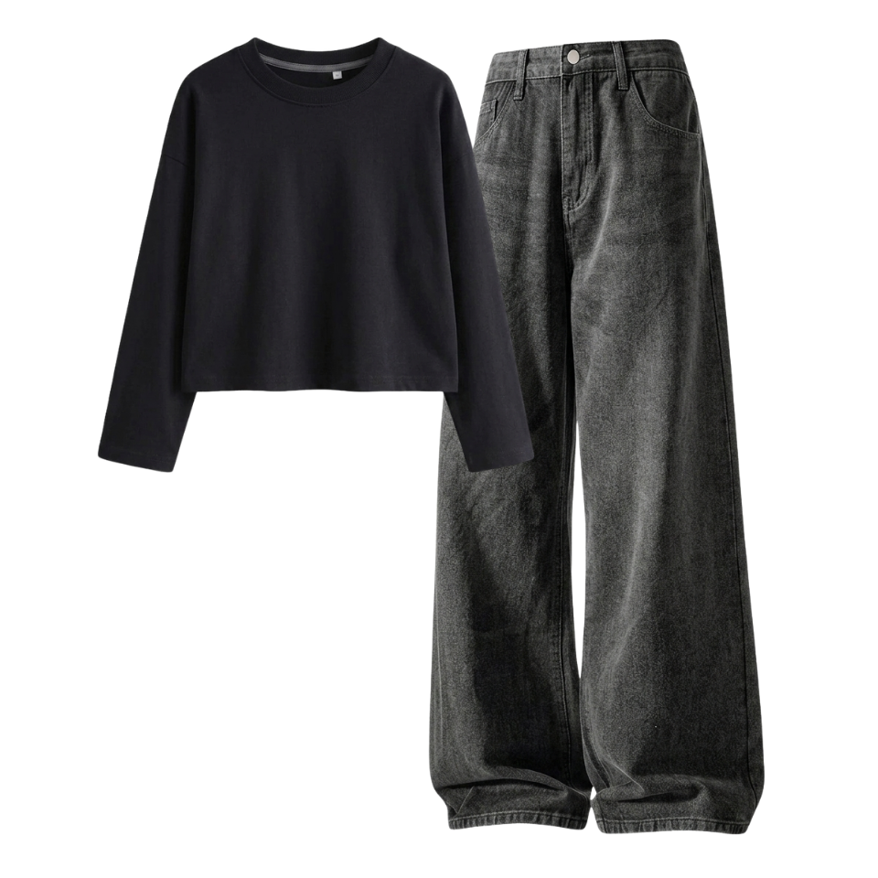 Acid Ash Wide-Leg Baggy Jeans With Crop Full Sleeves T-Shirt