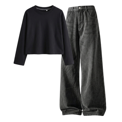 Acid Ash Wide-Leg Baggy Jeans With Crop Full Sleeves T-Shirt