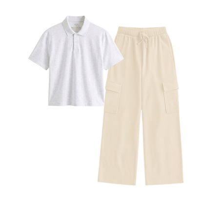 Cream Wide-Leg Cargo With Crop Polo