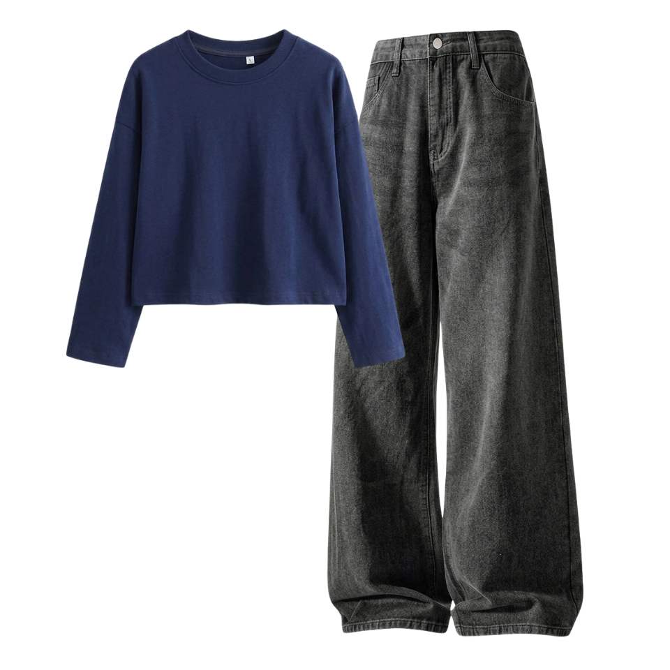Acid Ash Wide-Leg Baggy Jeans With Crop Full Sleeves T-Shirt