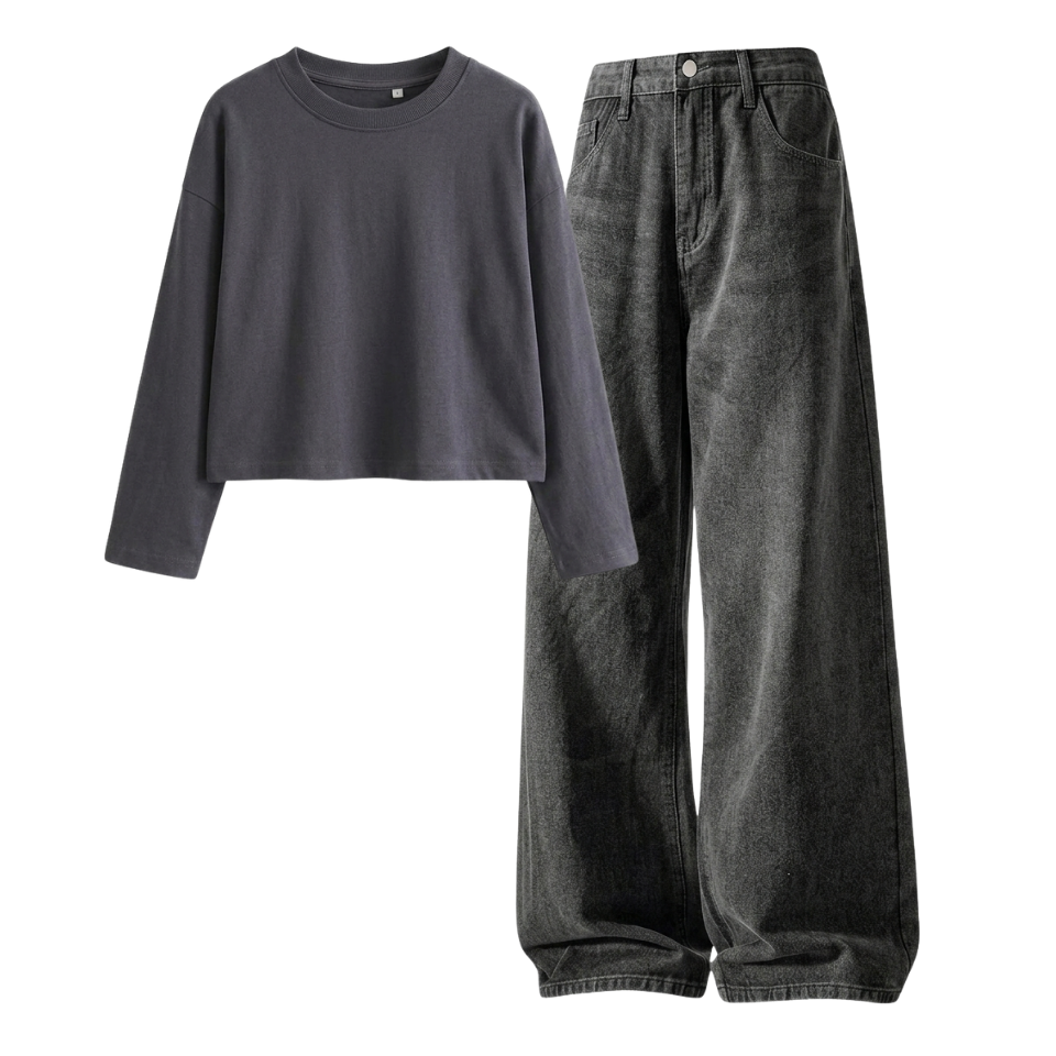 Acid Ash Wide-Leg Baggy Jeans With Crop Full Sleeves T-Shirt