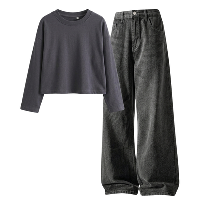Acid Ash Wide-Leg Baggy Jeans With Crop Full Sleeves T-Shirt