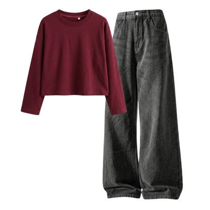 Acid Ash Wide-Leg Baggy Jeans With Crop Full Sleeves T-Shirt