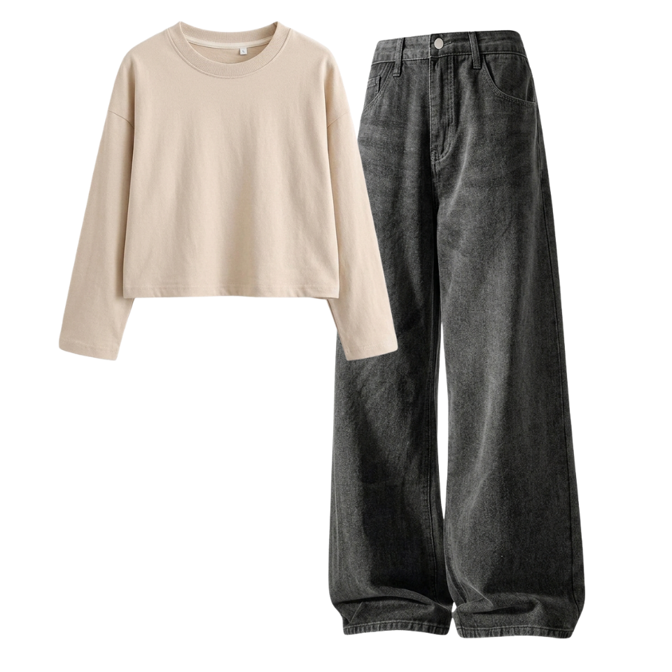 Acid Ash Wide-Leg Baggy Jeans With Crop Full Sleeves T-Shirt