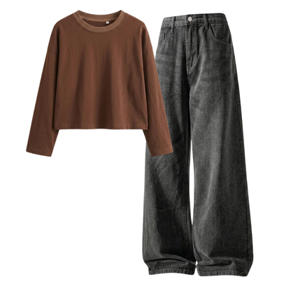 Acid Ash Wide-Leg Baggy Jeans With Crop Full Sleeves T-Shirt