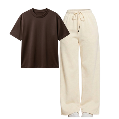 Beige Wide-Leg Trouser With Regular T-Shirt