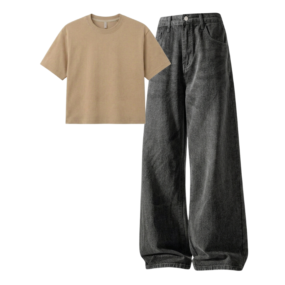 Acid Ash Wide-Leg Baggy Jeans With Crop T-Shirt