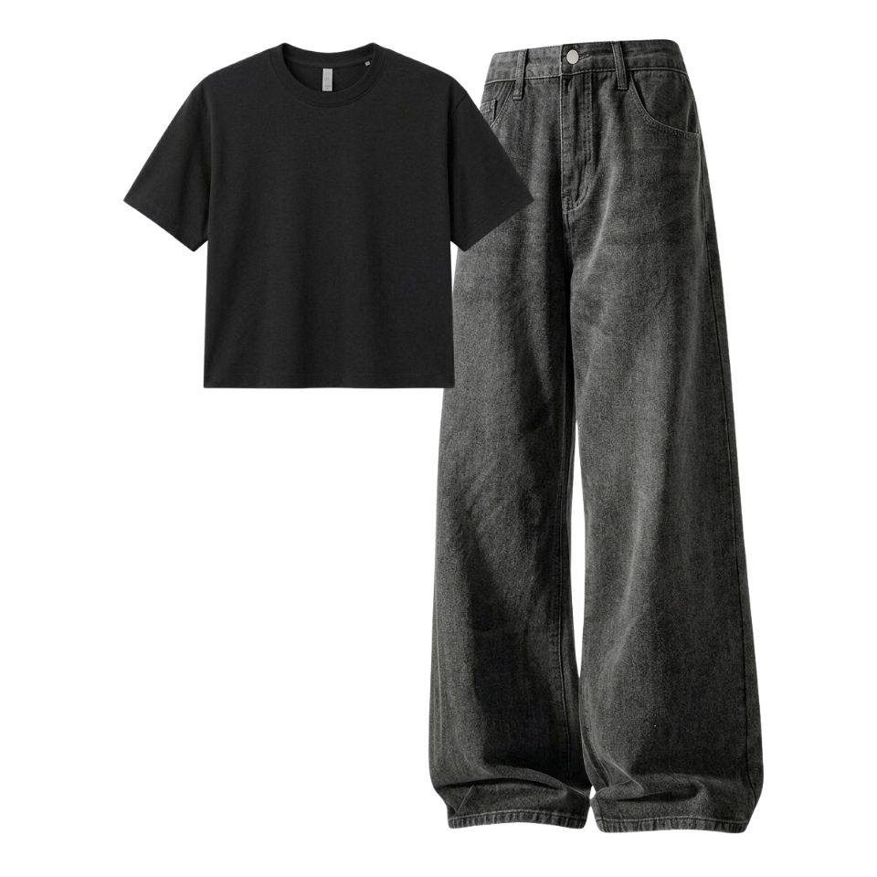 Acid Ash Wide-Leg Baggy Jeans With Crop T-Shirt