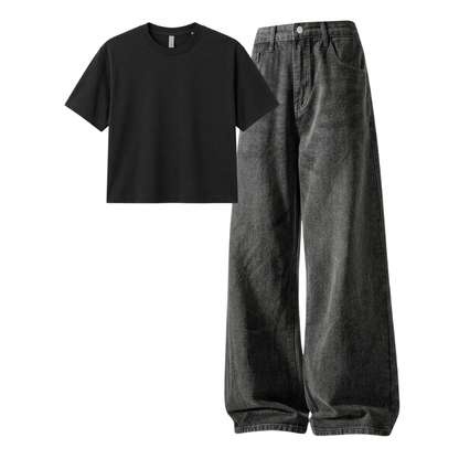 Acid Ash Wide-Leg Baggy Jeans With Crop T-Shirt
