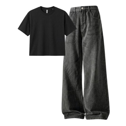 Acid Ash Wide-Leg Baggy Jeans With Crop T-Shirt