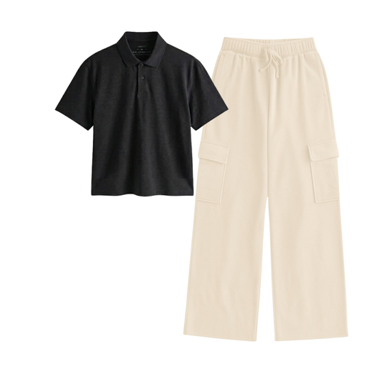 Cream Wide-Leg Cargo With Crop Polo
