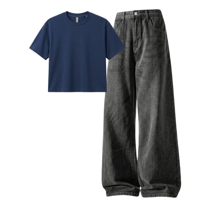 Acid Ash Wide-Leg Baggy Jeans With Crop T-Shirt