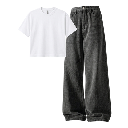 Acid Ash Wide-Leg Baggy Jeans With Crop T-Shirt