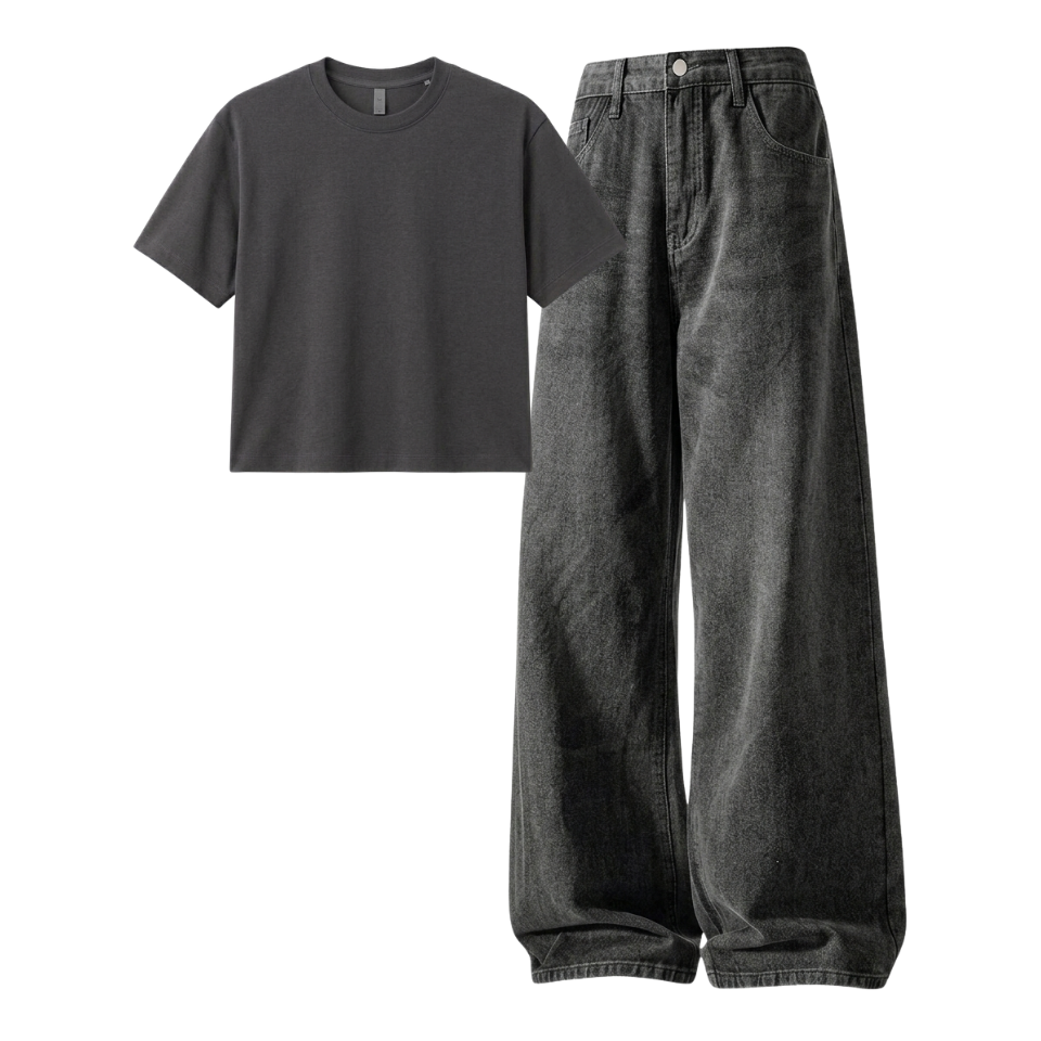 Acid Ash Wide-Leg Baggy Jeans With Crop T-Shirt