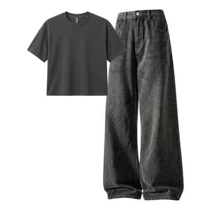 Acid Ash Wide-Leg Baggy Jeans With Crop T-Shirt