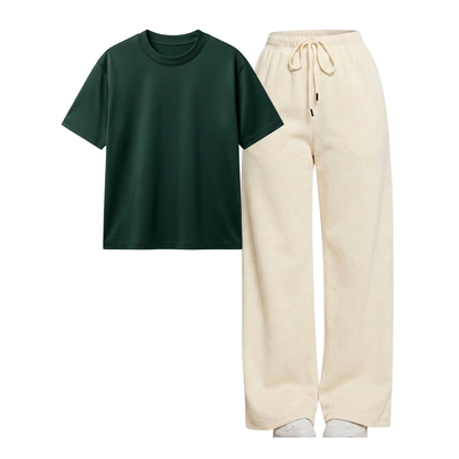 Beige Wide-Leg Trouser With Regular T-Shirt
