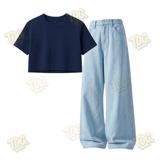 Iceblue Wide-Leg Baggy Jeans With Crop T-Shirt