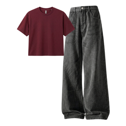Acid Ash Wide-Leg Baggy Jeans With Crop T-Shirt