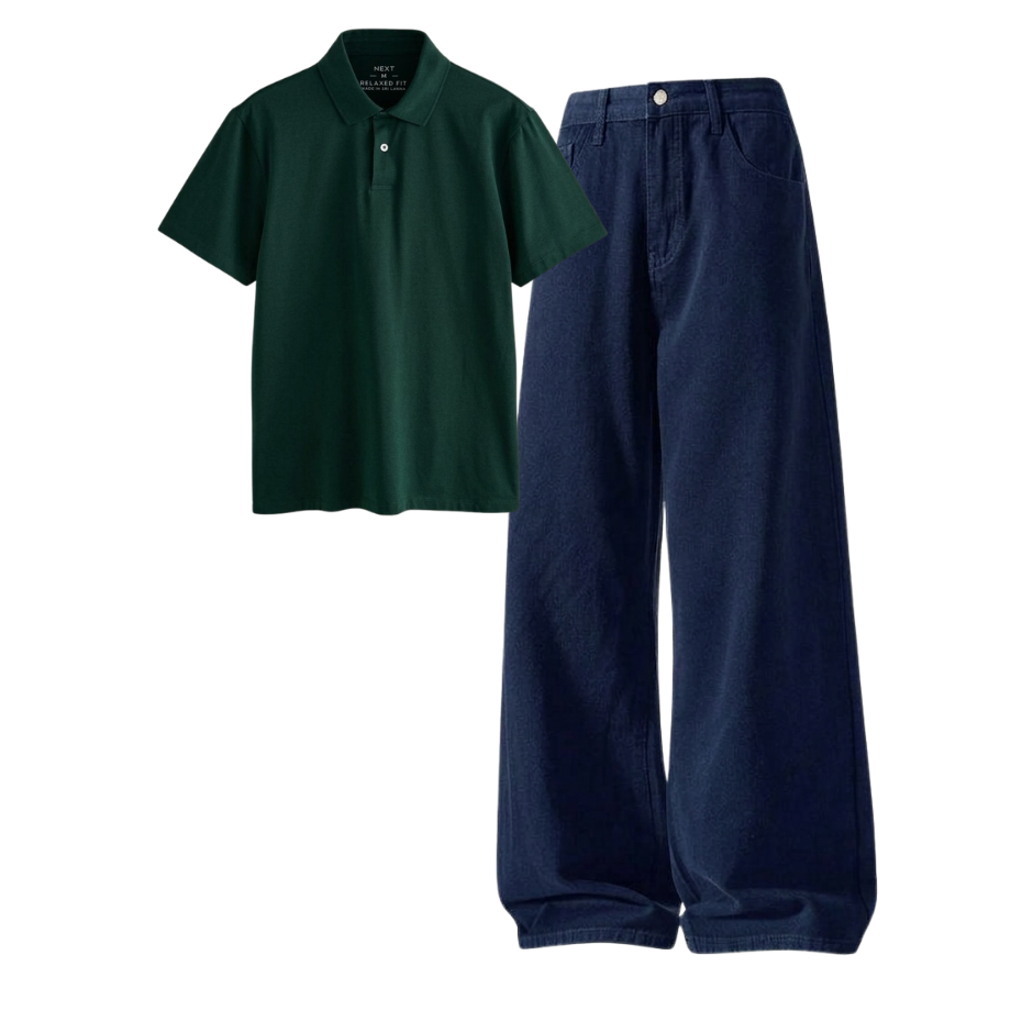 Darkblue Wide-Leg Baggy Jeans With Polo