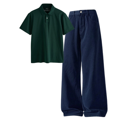 Darkblue Wide-Leg Baggy Jeans With Polo