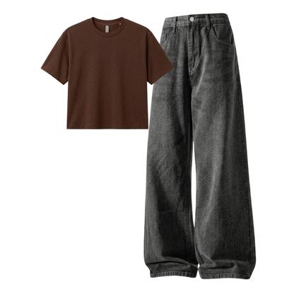 Acid Ash Wide-Leg Baggy Jeans With Crop T-Shirt