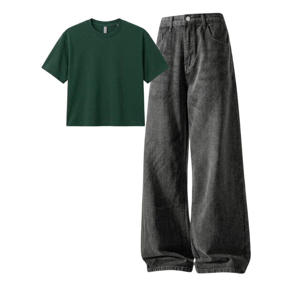 Acid Ash Wide-Leg Baggy Jeans With Crop T-Shirt