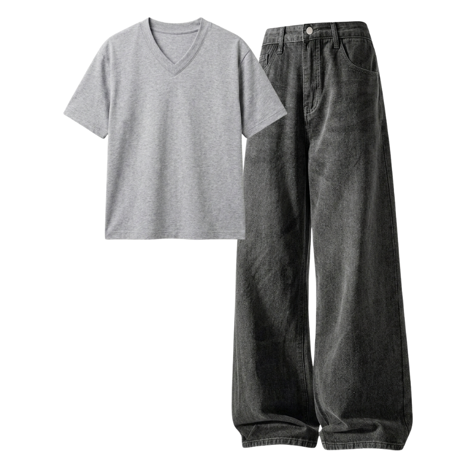 Acid Ash Wide-Leg Baggy Jeans With V-Neck T-Shirt