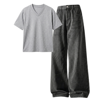 Acid Ash Wide-Leg Baggy Jeans With V-Neck T-Shirt