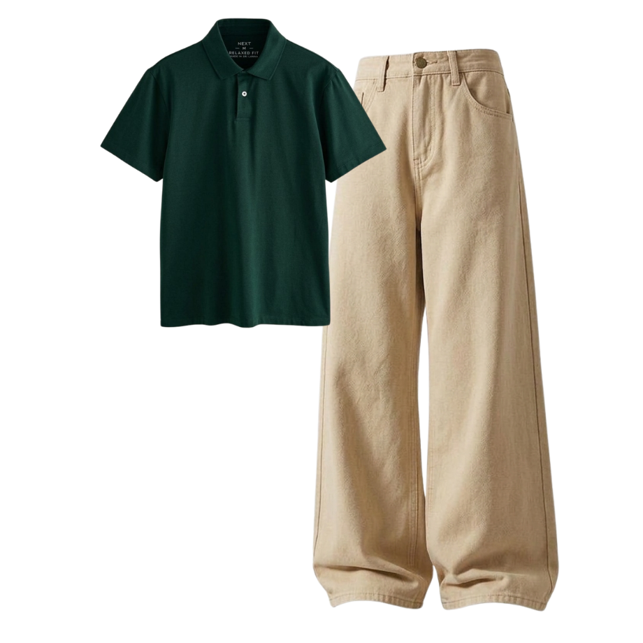 Beige Wide-Leg Baggy Jeans With Polo