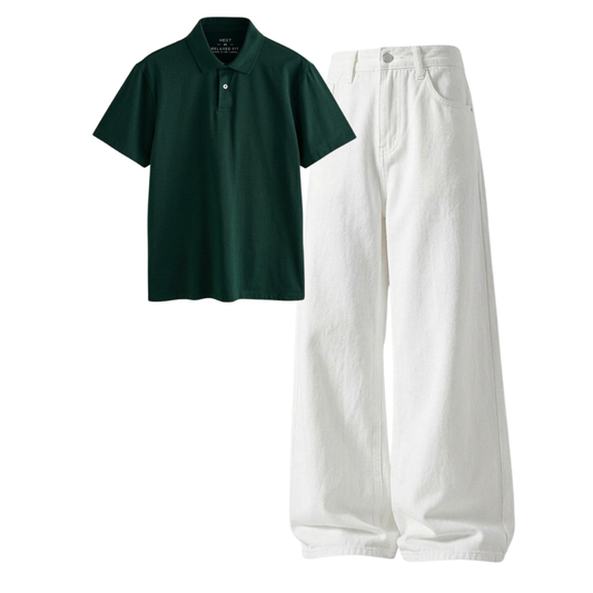 White Wide-Leg Baggy Jeans With Polo