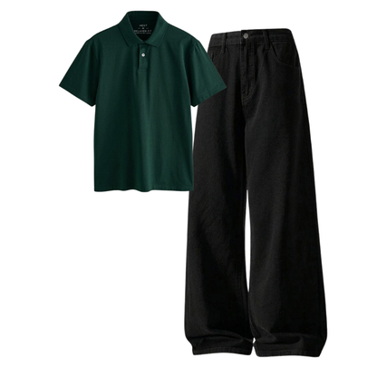 Black Wide-Leg Baggy Jeans With Polo