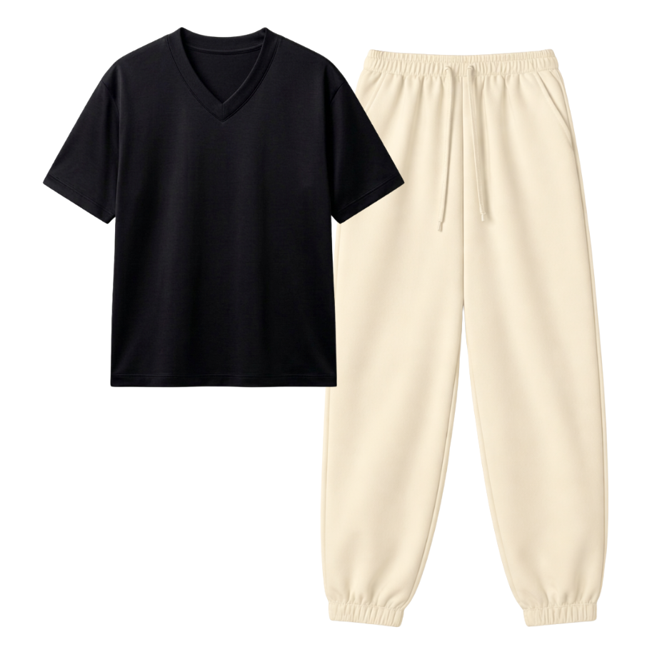 Cream Sweatpant With V-Neck T-Shirt
