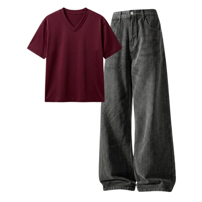 Acid Ash Wide-Leg Baggy Jeans With V-Neck T-Shirt