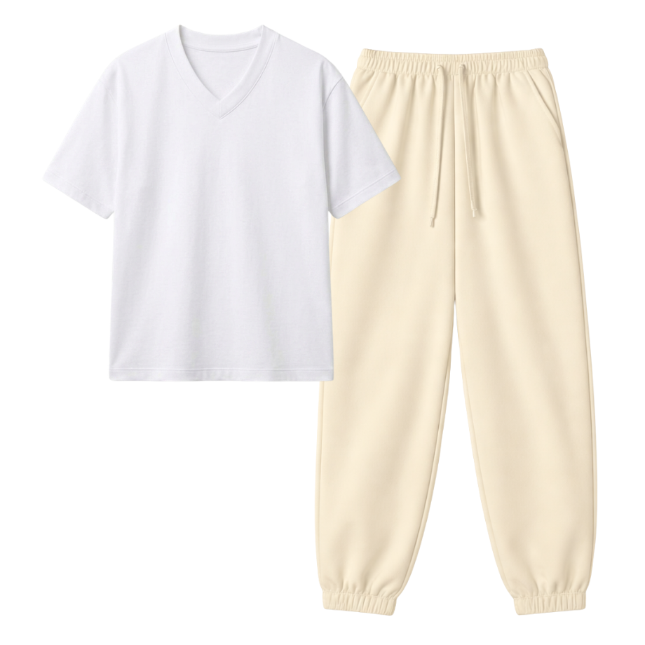 Cream Sweatpant With V-Neck T-Shirt