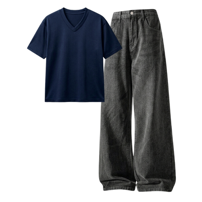 Acid Ash Wide-Leg Baggy Jeans With V-Neck T-Shirt