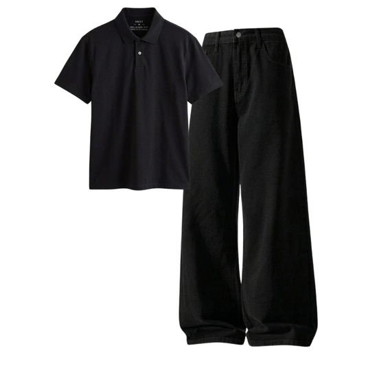 Black Wide-Leg Baggy Jeans With Polo