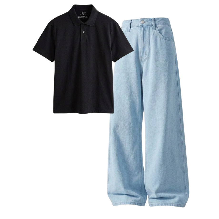 Iceblue Wide-Leg Baggy Jeans With Polo