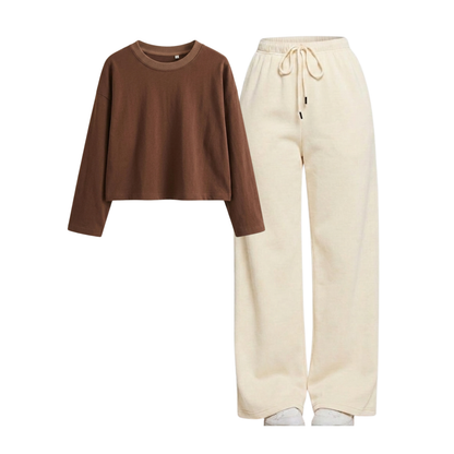 Beige Wide-Leg Trouser With Crop Full Sleeves T-Shirt