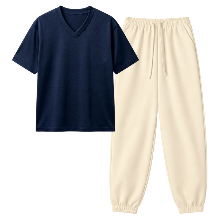 Cream Sweatpant With V-Neck T-Shirt
