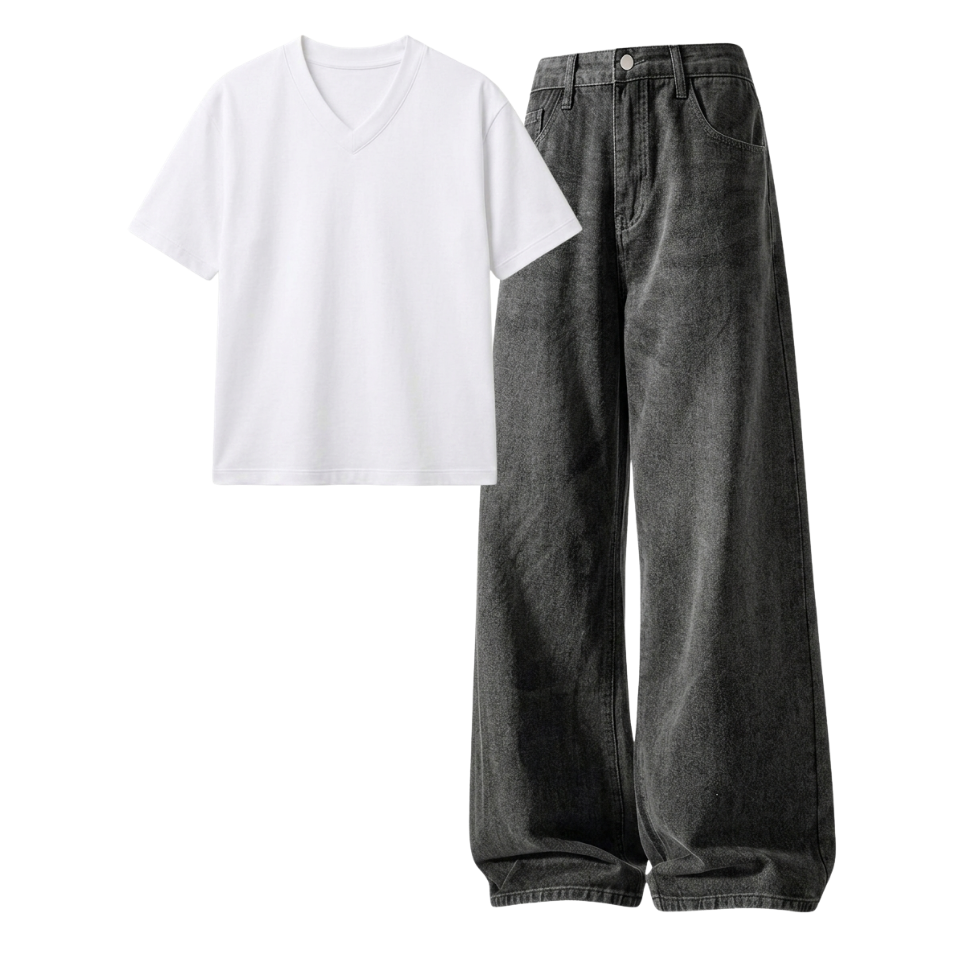 Acid Ash Wide-Leg Baggy Jeans With V-Neck T-Shirt